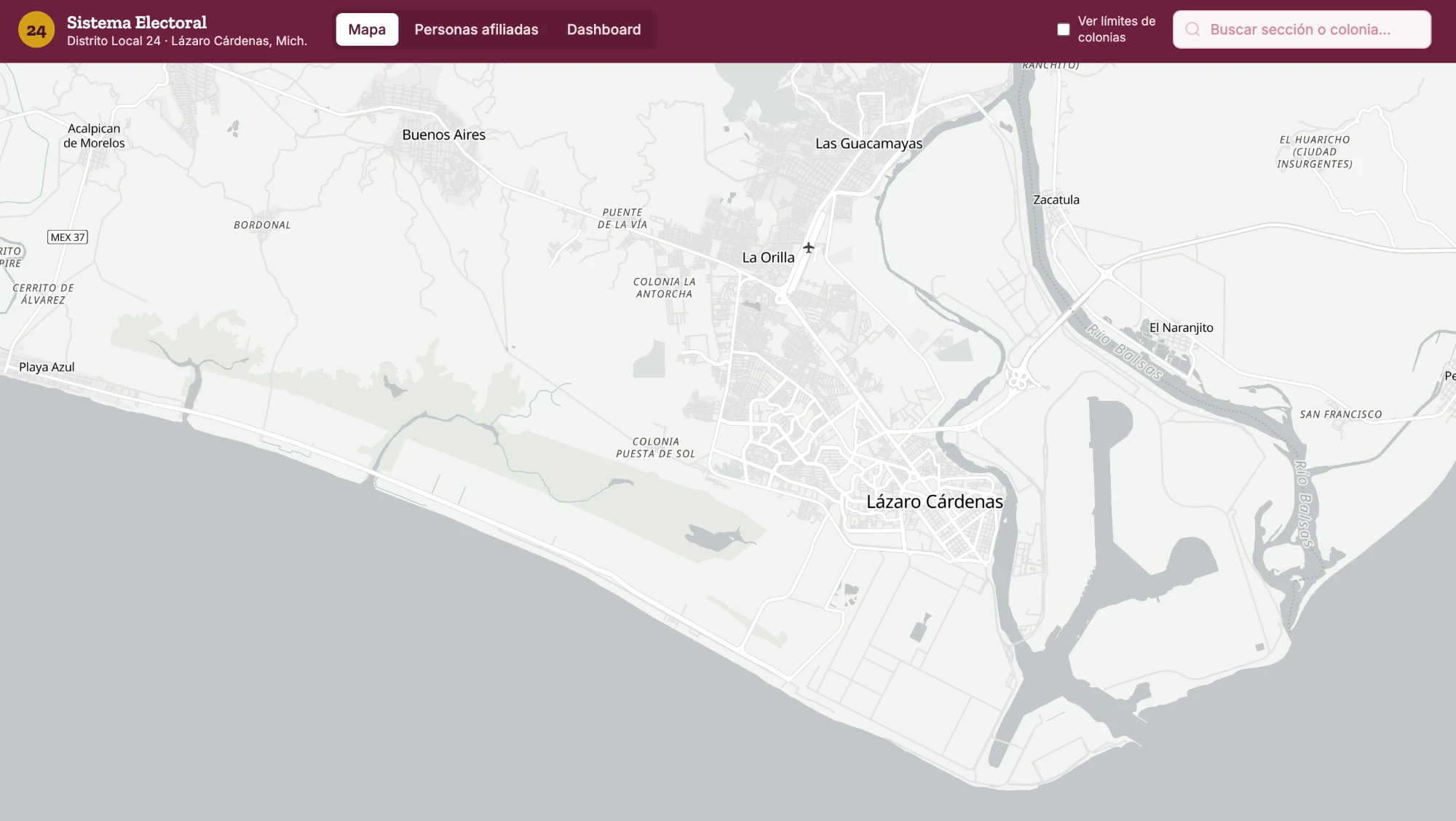 Mapa interactivo del Distrito Local 24 con las secciones electorales de Lázaro Cárdenas, Michoacán